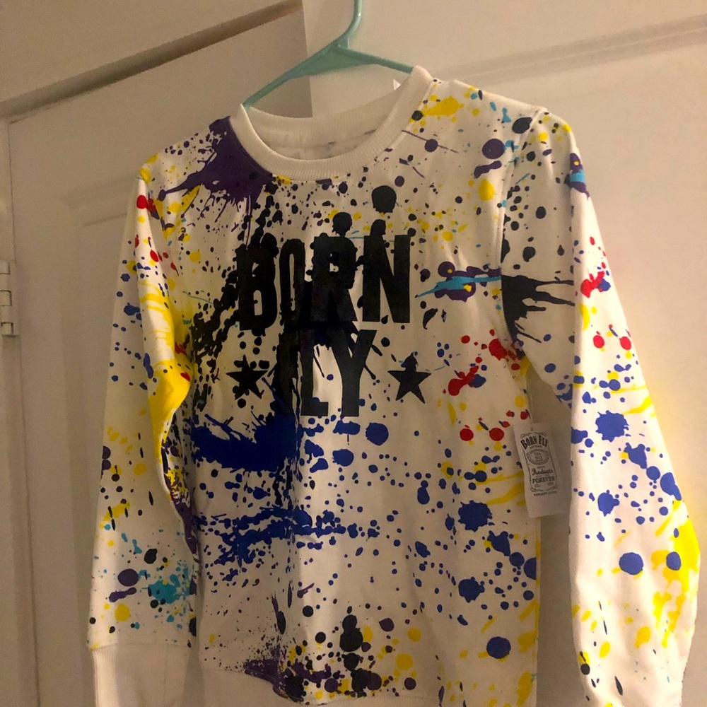Born Fly children’s sweatshirt- white with paint splatter